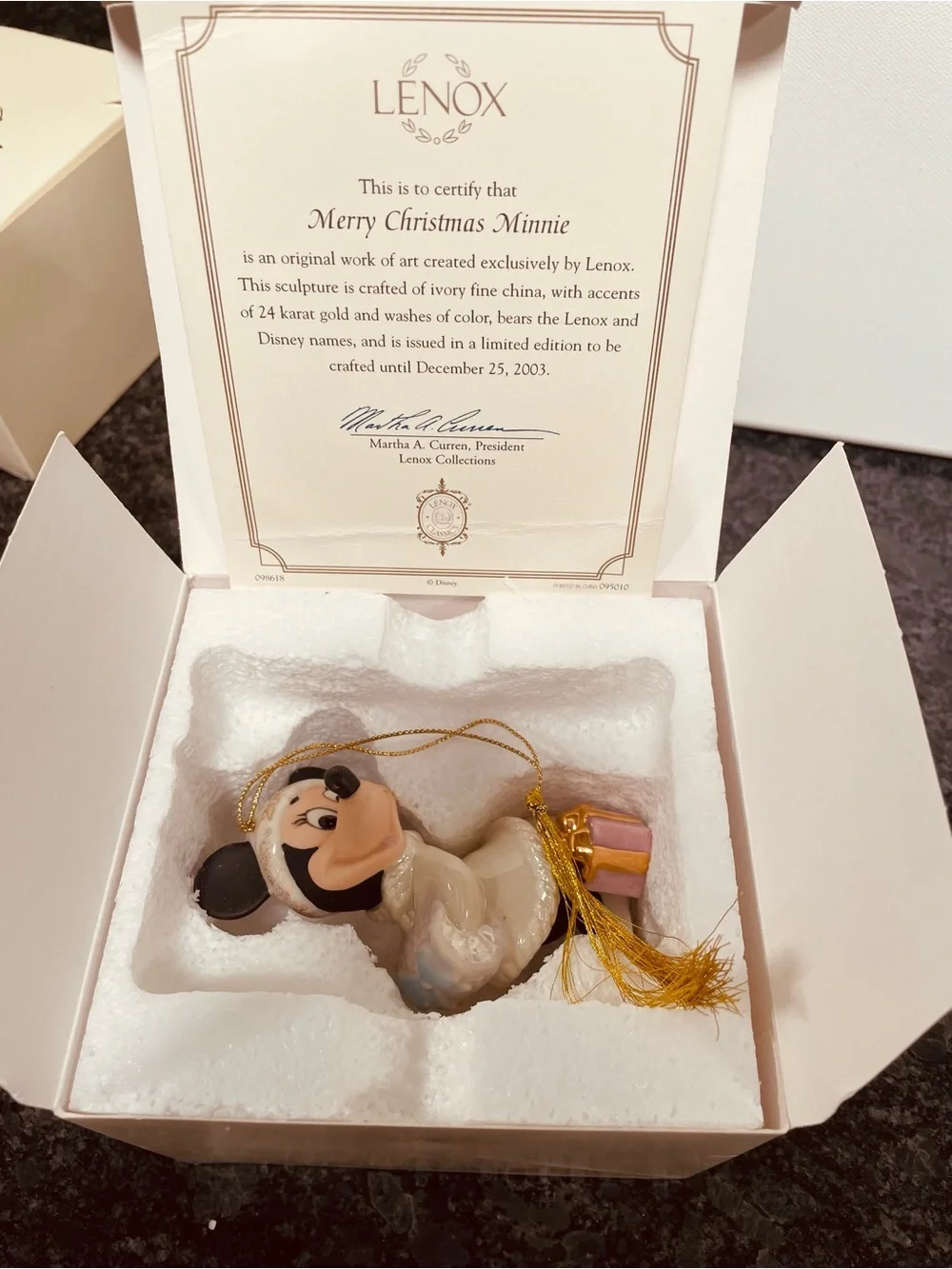 Disney Minnie Mouse Holiday Porcelain Ornament in White and Gold